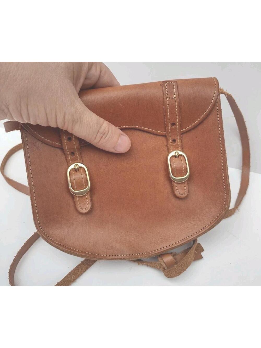 VTG 70s Handmade Leather Boho Mini Satchel Crossbody Bag Gold Buckle U‑Shape - Picture 2 of 8